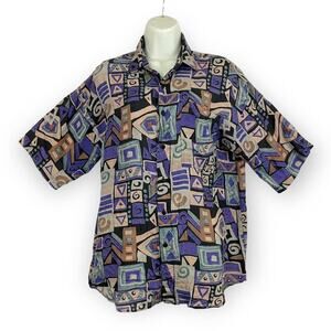 VTG Chiamare Funky Print Blouse LARGE Women's 100% Silk Collared 1990s Retro‎